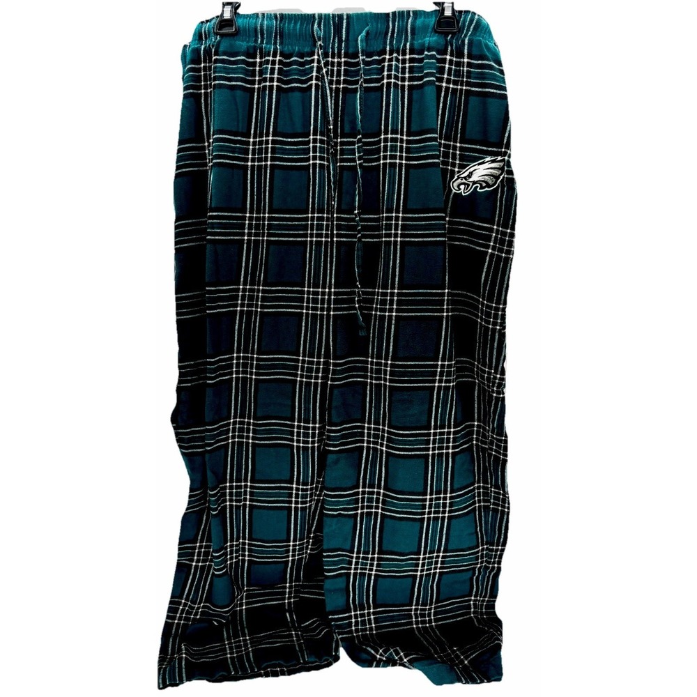 NFL Midnight Green and Black Plaid Flannel Pajama Pants with Eagles Patch - Picture 2 of 4
